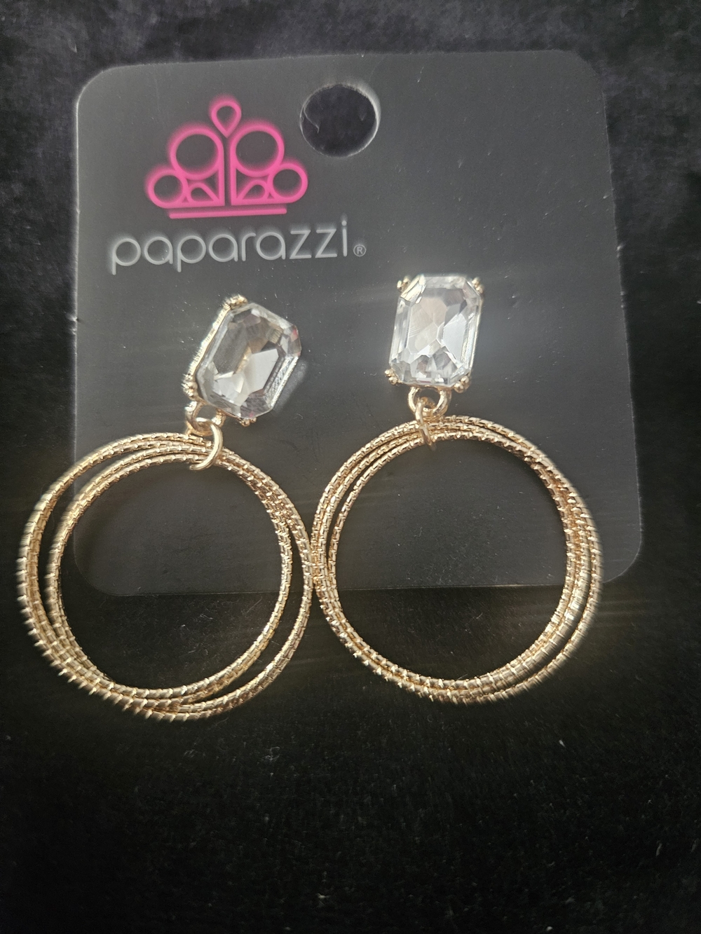 paparazzi Gold Double Hoop Earrings with Clear Crystal Studs